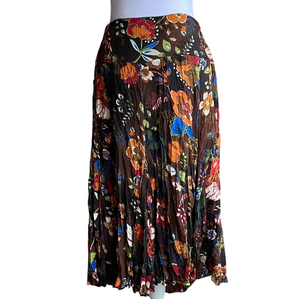 Vintage Y2K Floral Pleated Brown Midi Skirt 2X Boho Hibiscus Summer‎ Artsy Silky
